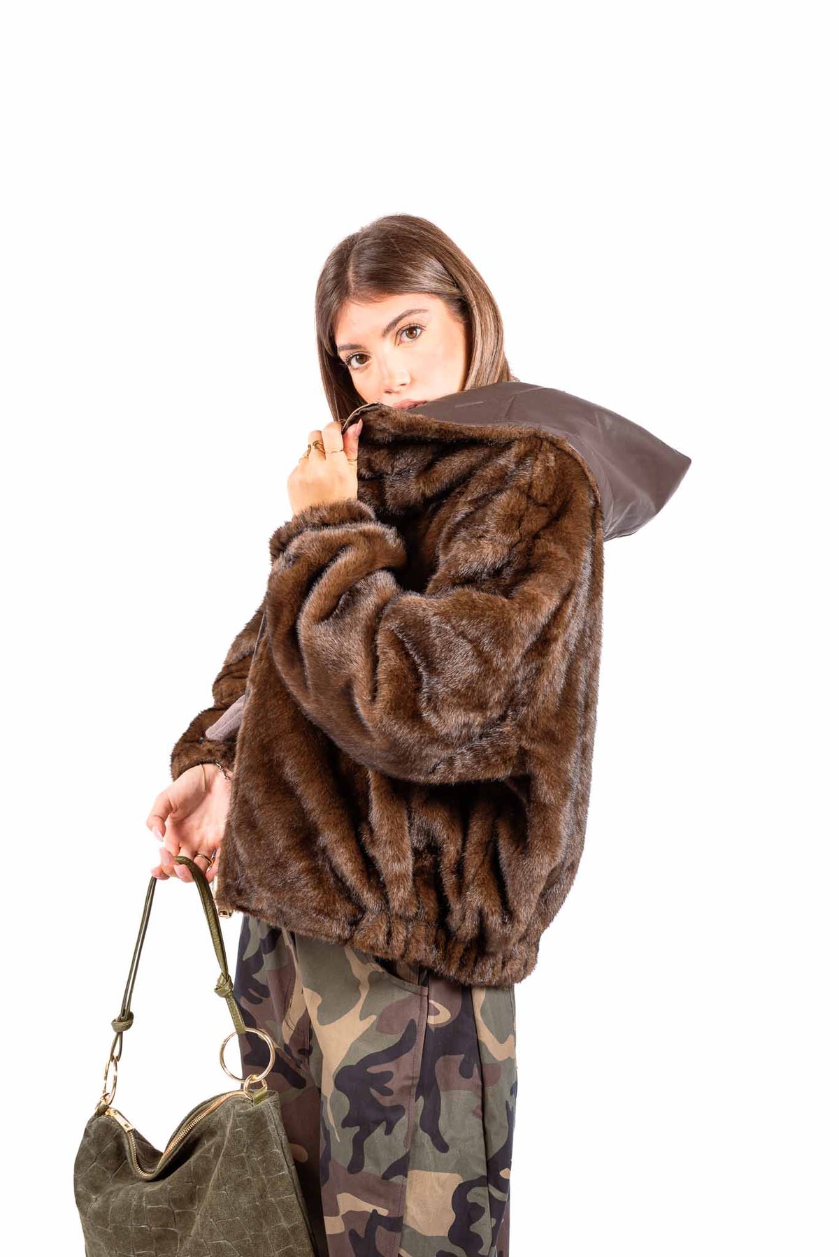 Bomber Reversibile in Ecopelliccia ed Ecopelle Marrone donna Miss love - 2