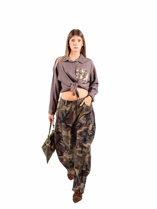 Camicia Corta Tortora con Taschino in Paillettes da donna Miss love