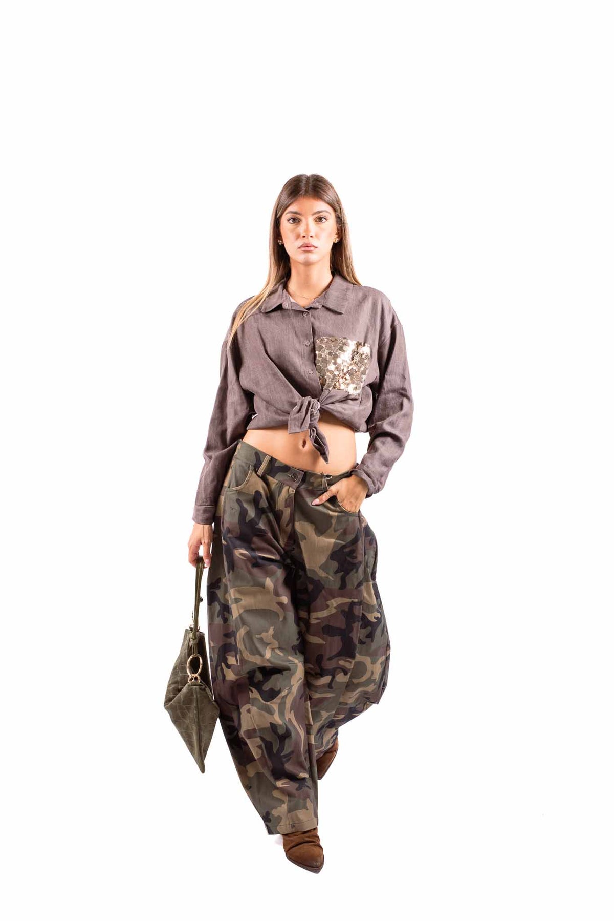 Camicia Corta Tortora con Taschino in Paillettes donna Miss love - 2
