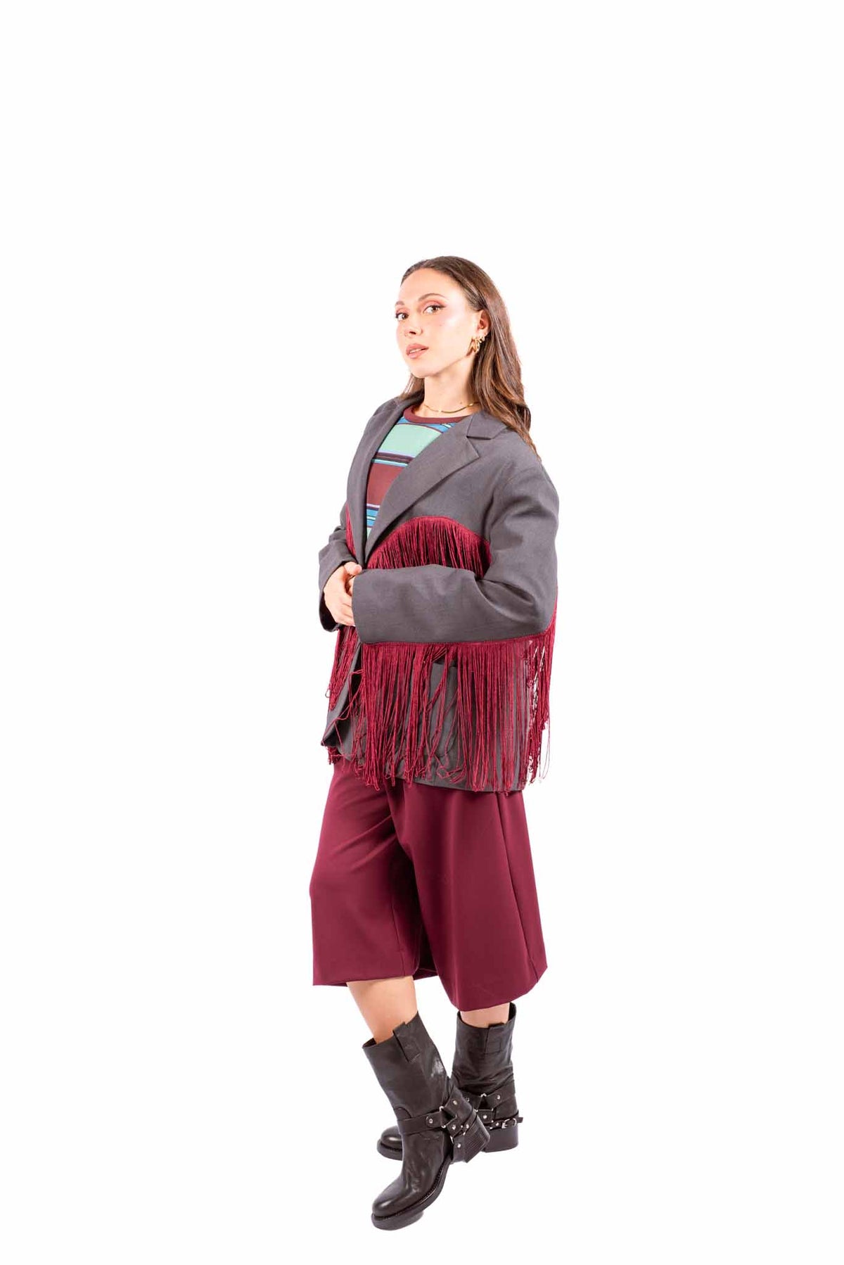 Blazer Sartoriale Grigio con Frange Bordeaux donna Tensione in - 2