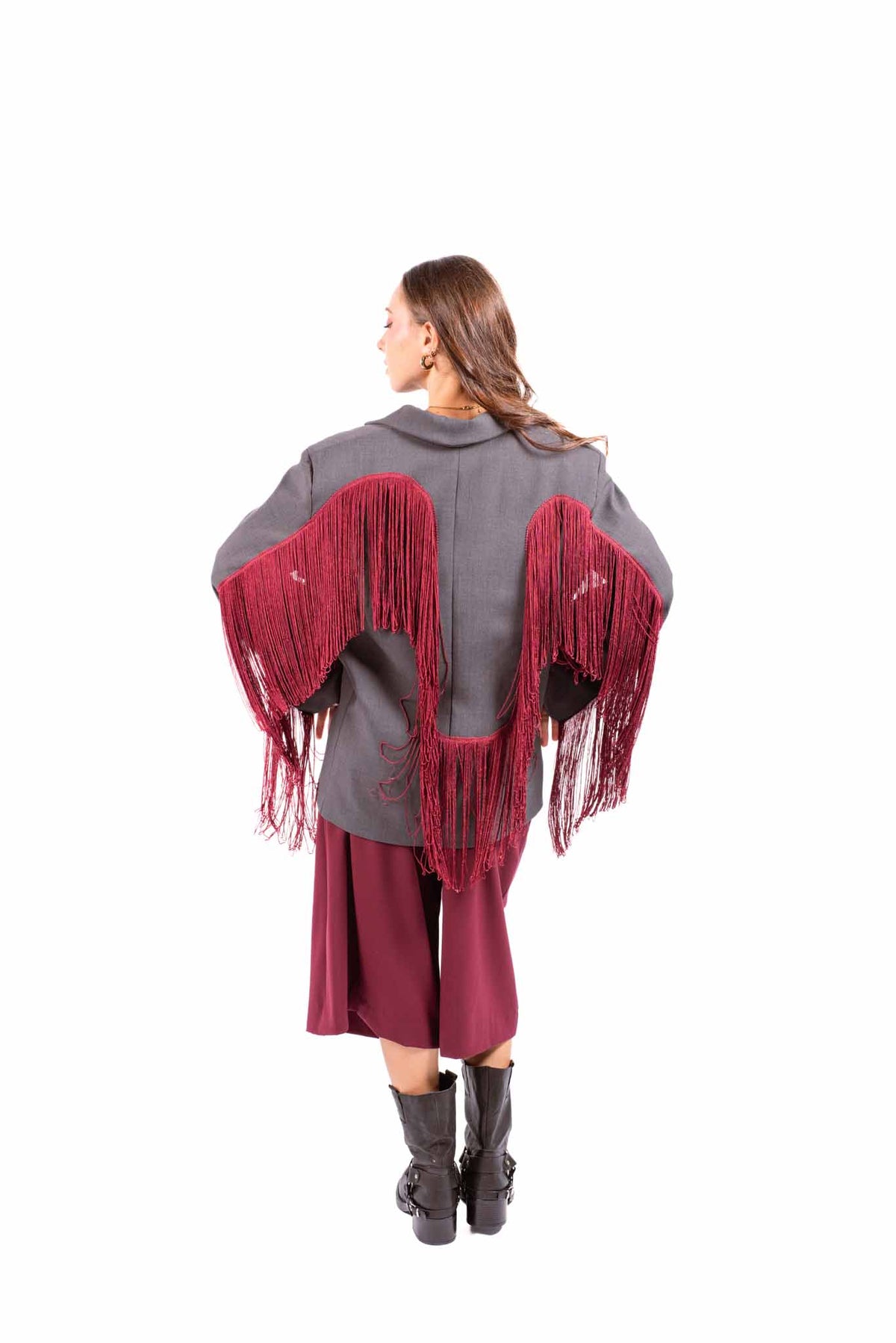 Blazer Sartoriale Grigio con Frange Bordeaux donna Tensione in - 6