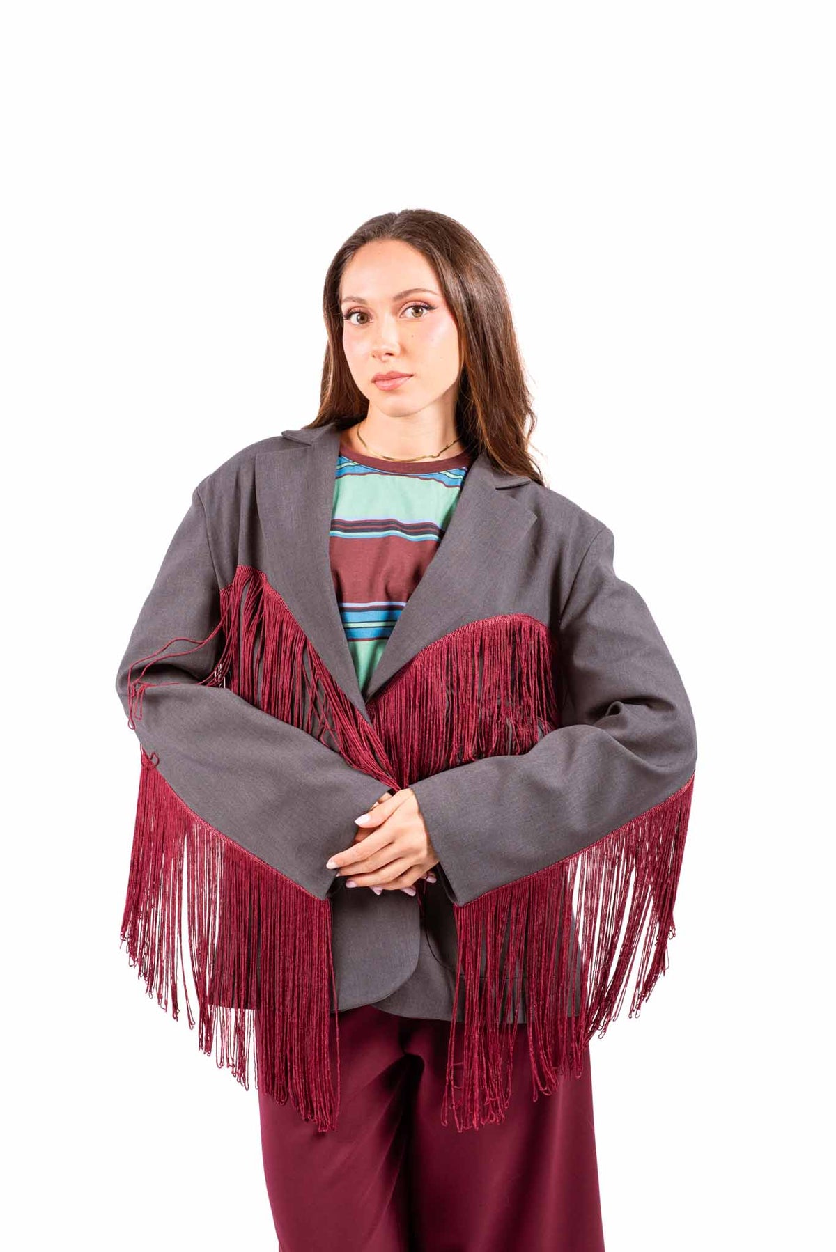 Blazer Sartoriale Grigio con Frange Bordeaux donna Tensione in - 4