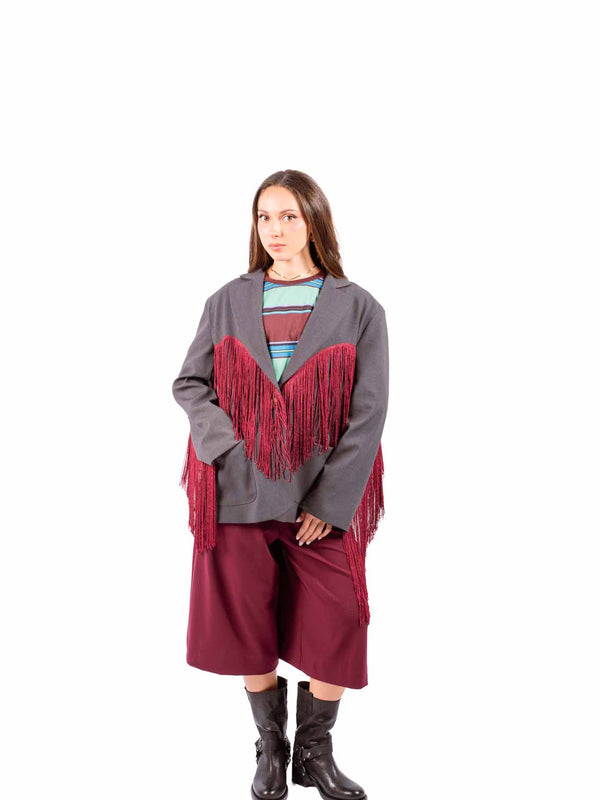 Blazer Sartoriale Grigio con Frange Bordeaux da donna Tensione in