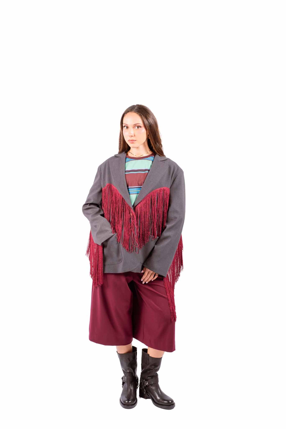 Blazer Sartoriale Grigio con Frange Bordeaux donna Tensione in - 1