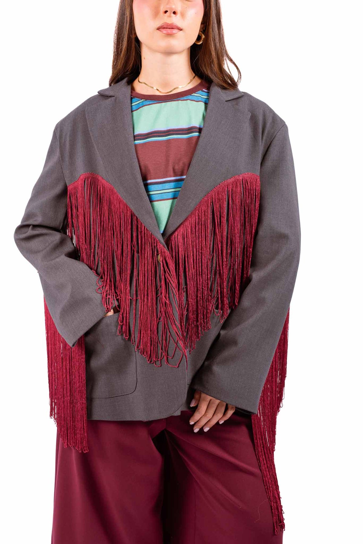Blazer Sartoriale Grigio con Frange Bordeaux donna Tensione in - 5