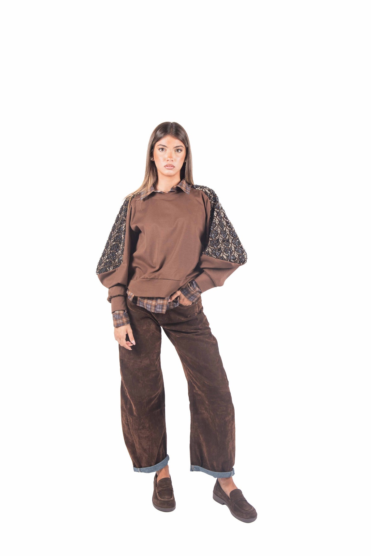 Felpa Marrone con Dettaglio Paillettes donna Miss love - 2