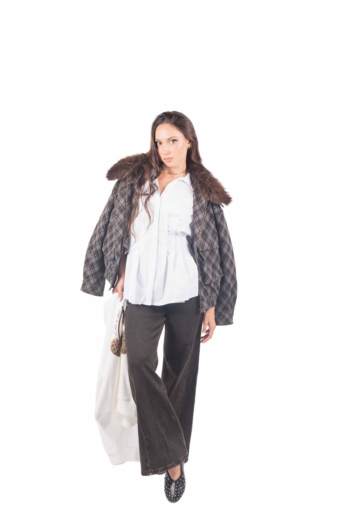 Giacca a Quadri con Collo in Ecopelliccia donna Miss love - 5