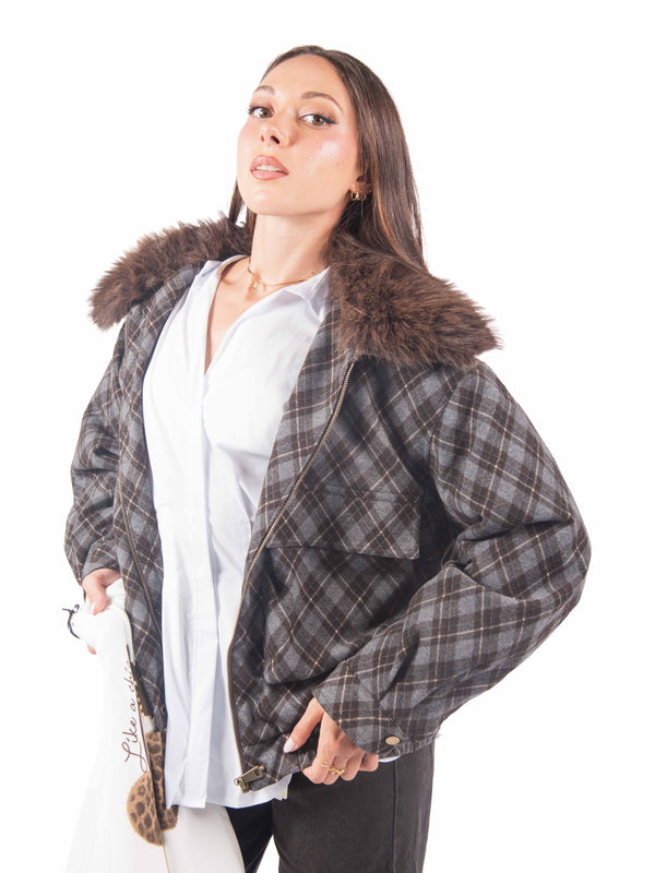 Giacca a Quadri con Collo in Ecopelliccia da donna Miss love