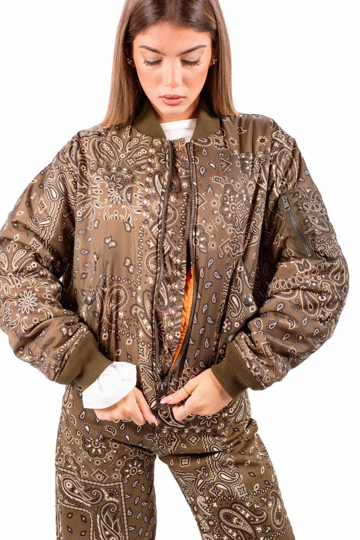 Bomber Fantasia Paisley Verde Militare donna Tensione in - 1