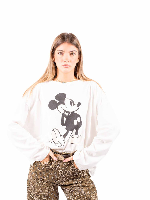 Maglia Bianca Maniche Lunghe Grafica "Mickey Mouse" da donna Tensione in