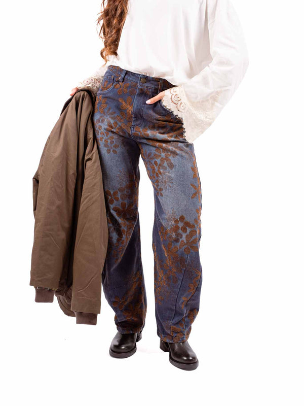 Jeans Barrel Fit con Flocking Floreale da donna Tensione in