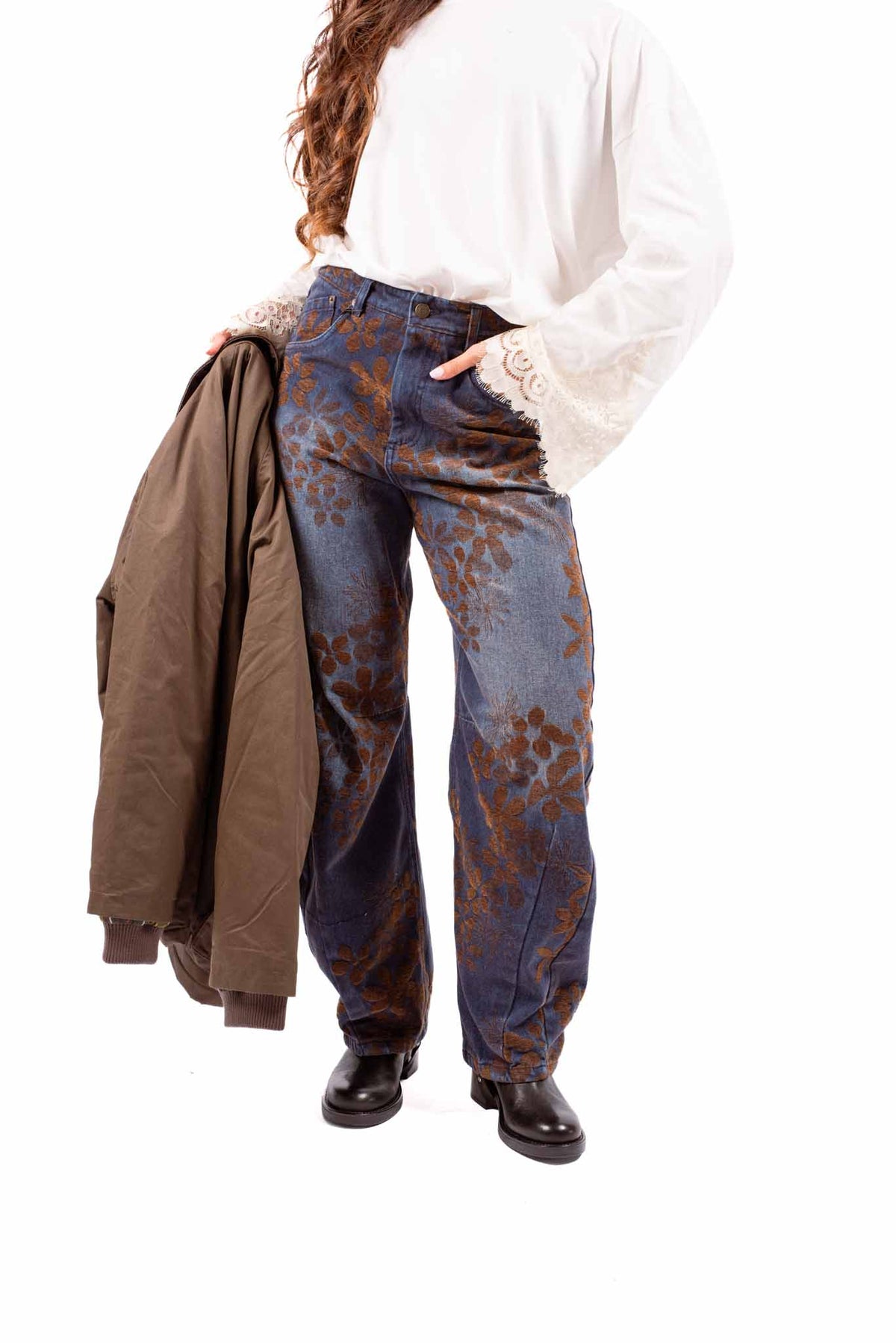 Jeans Barrel Fit con Flocking Floreale donna Tensione in - 1