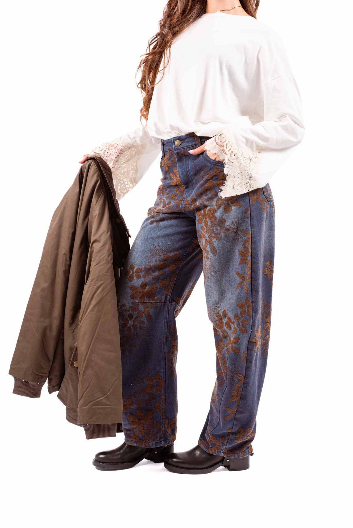 Jeans Barrel Fit con Flocking Floreale donna Tensione in - 2