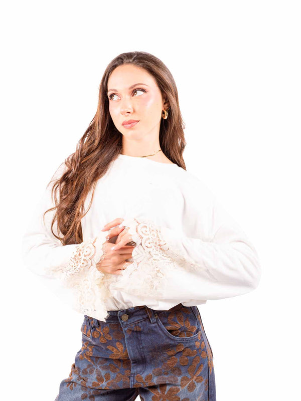 Maglia in Cotone Bianca con Applicazione in Pizzo da donna Tensione in
