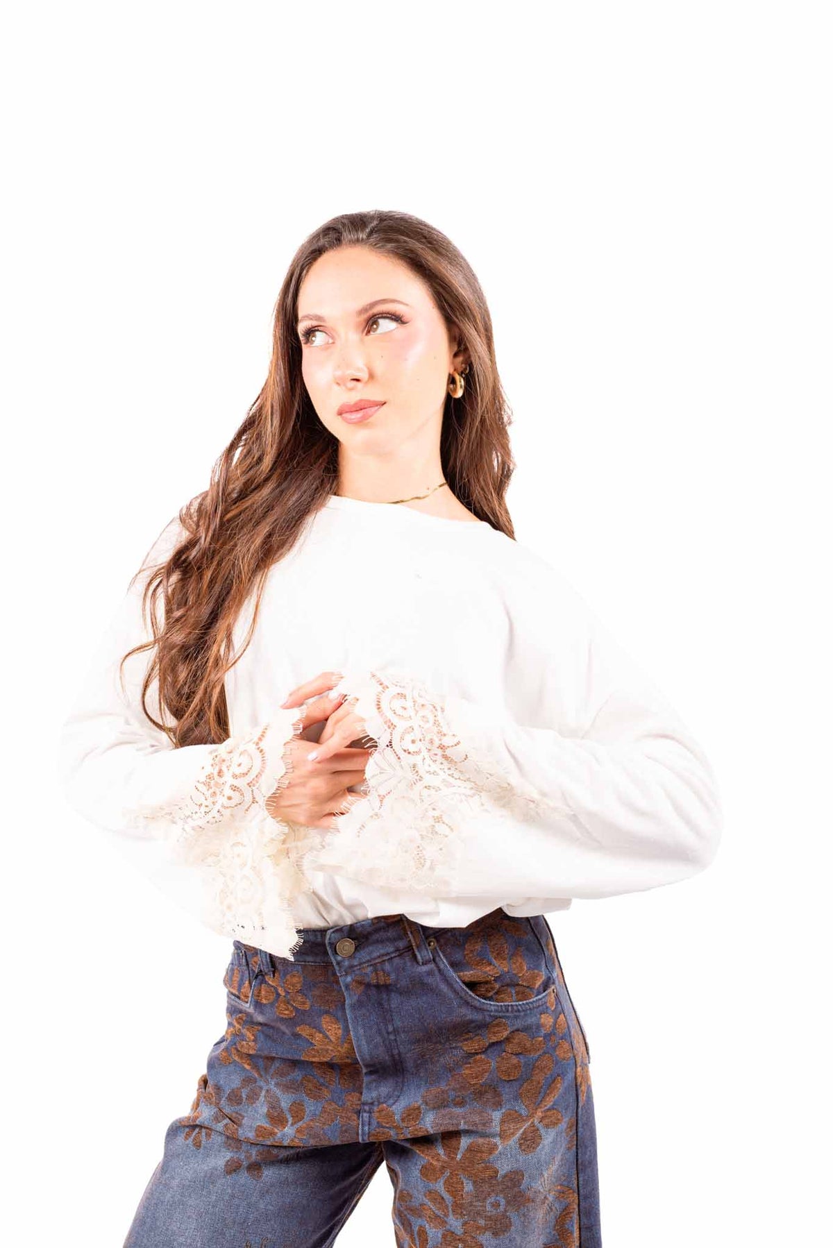 Maglia in Cotone Bianca con Applicazione in Pizzo donna Tensione in - 1