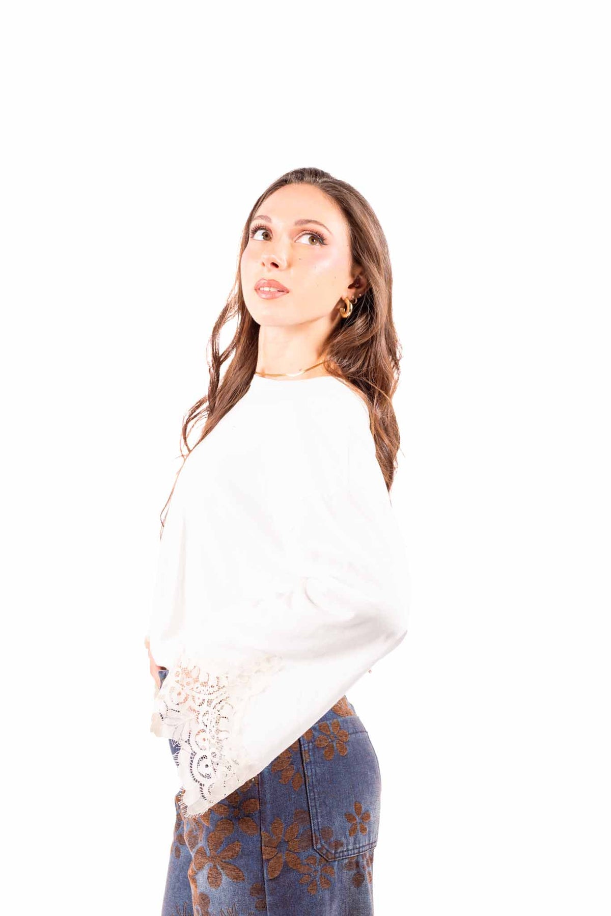 Maglia in Cotone Bianca con Applicazione in Pizzo donna Tensione in - 3