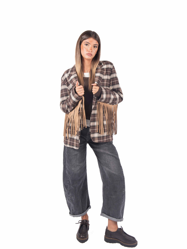 Blazer a Quadri Tartan con Frange Scamosciate da donna Miss love