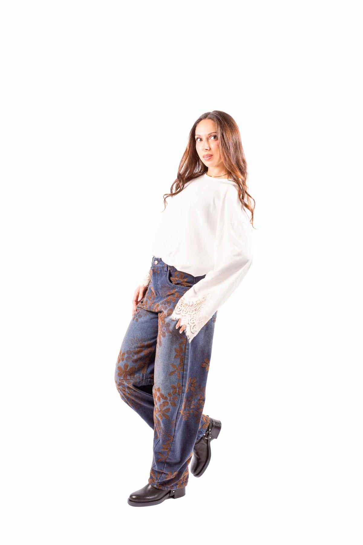 Jeans Barrel Fit con Flocking Floreale donna Tensione in - 5