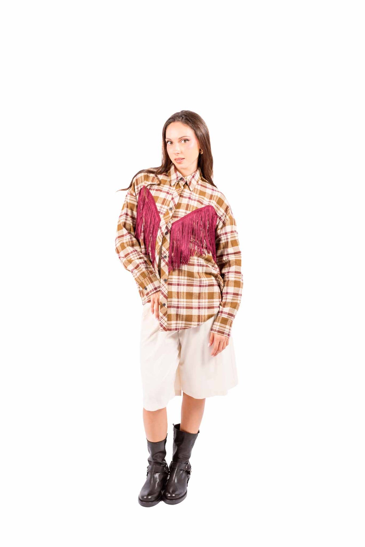 Camicia Quadri Tartan con Frange Bordeaux donna Tensione in - 3