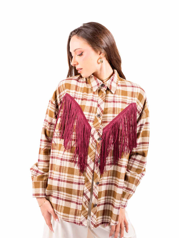 Camicia Quadri Tartan con Frange Bordeaux da donna Tensione in