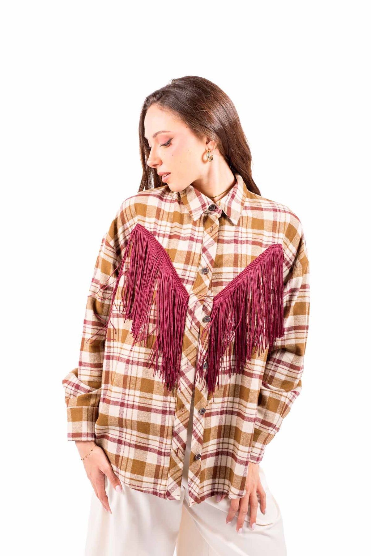 Camicia Quadri Tartan con Frange Bordeaux donna Tensione in - 1