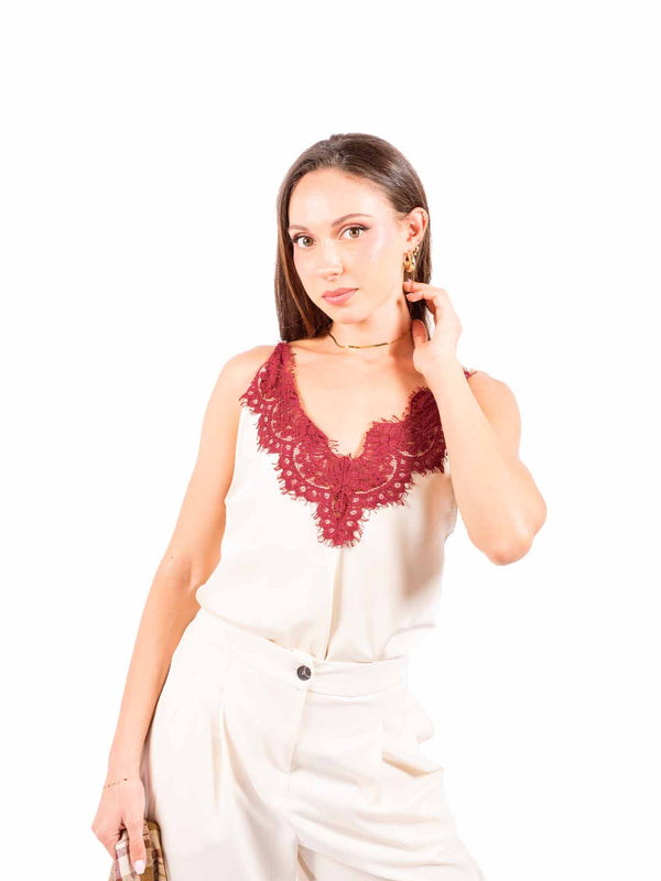 Top in Satin Panna con Applicazione in Pizzo da donna Tensione in