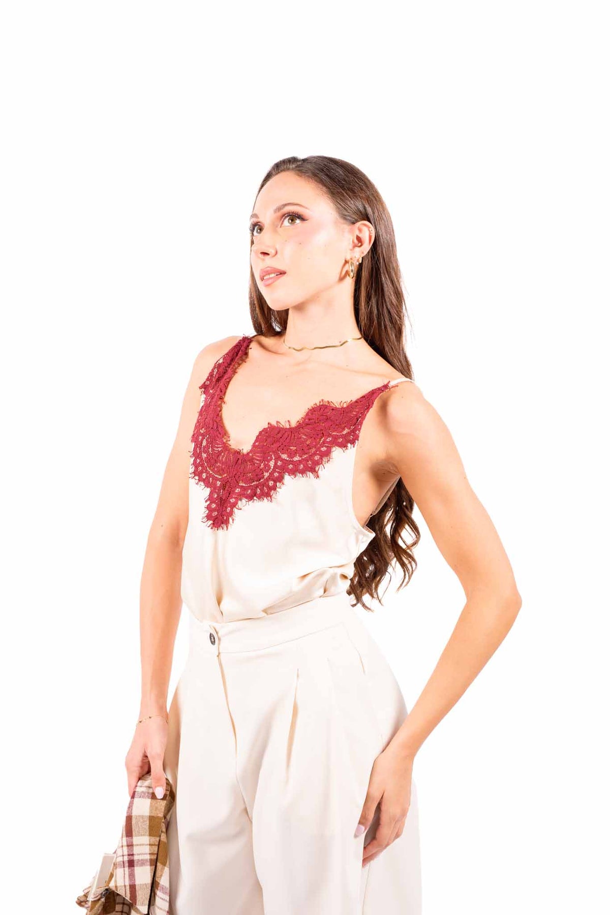 Top in Satin Panna con Applicazione in Pizzo donna Tensione in - 3