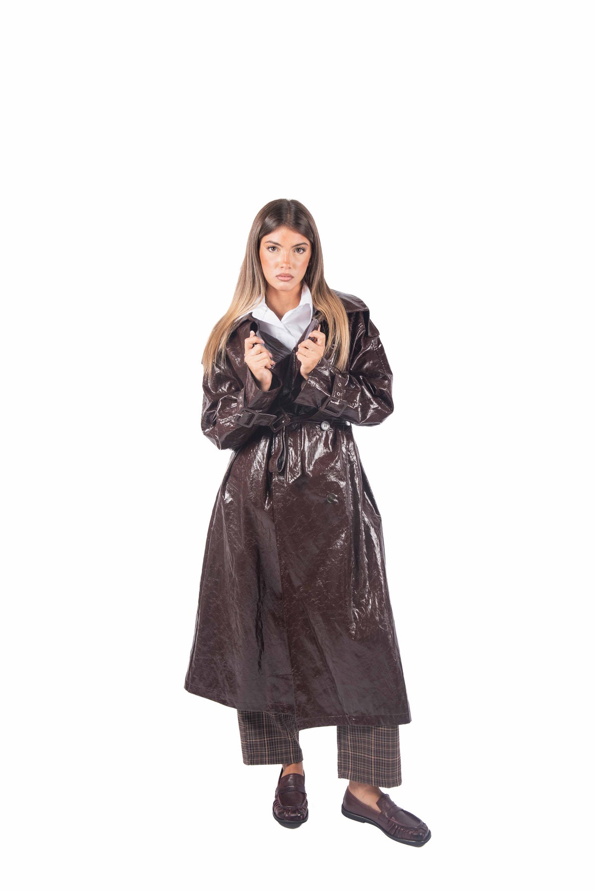 Trench Lungo Effetto Vernice Marrone donna Miss love - 2