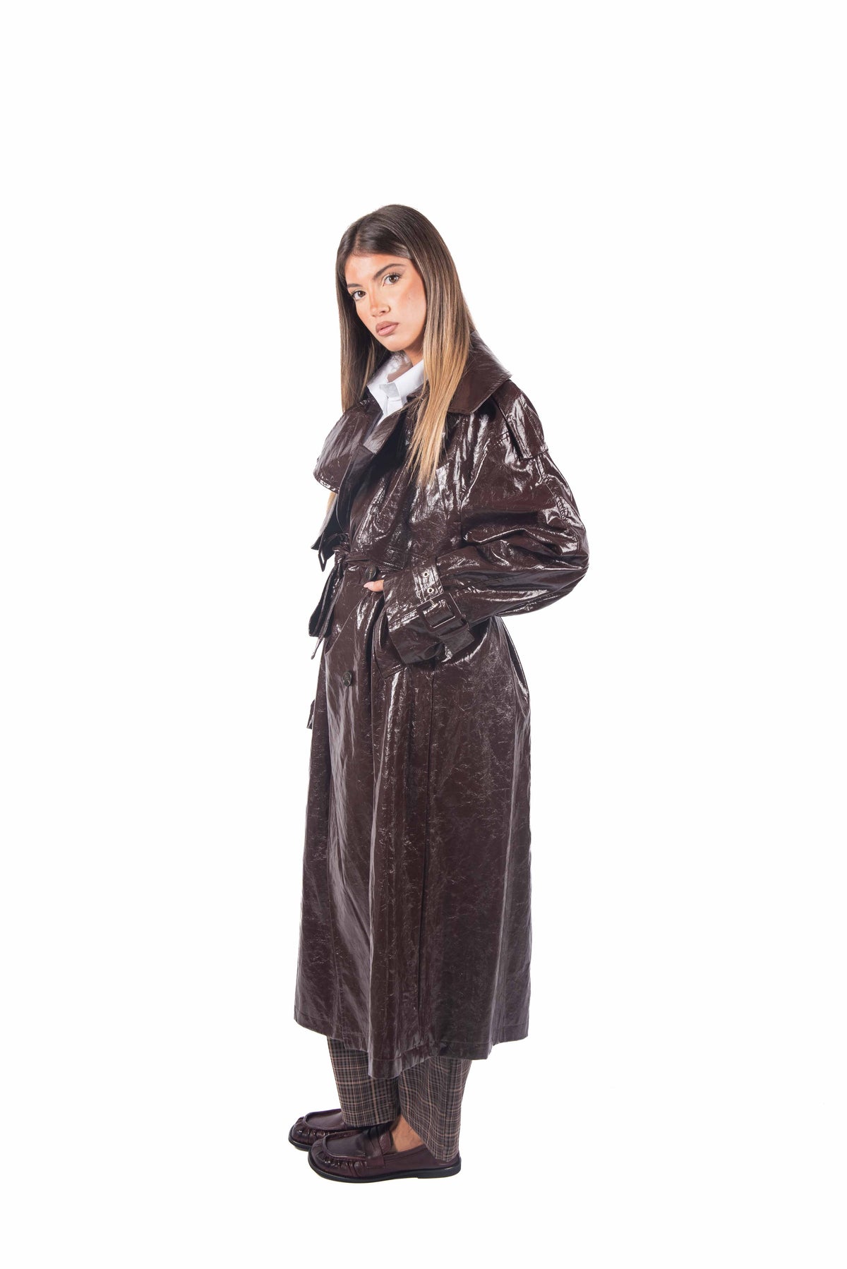 Trench Lungo Effetto Vernice Marrone donna Miss love - 4