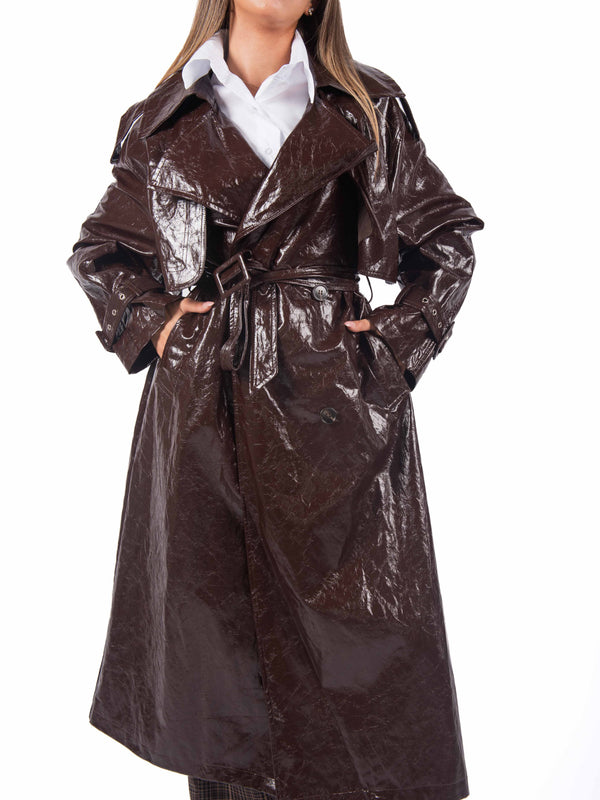 Trench Lungo Effetto Vernice Marrone da donna Miss love