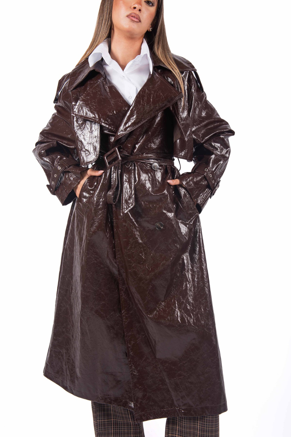Trench Lungo Effetto Vernice Marrone donna Miss love - 1
