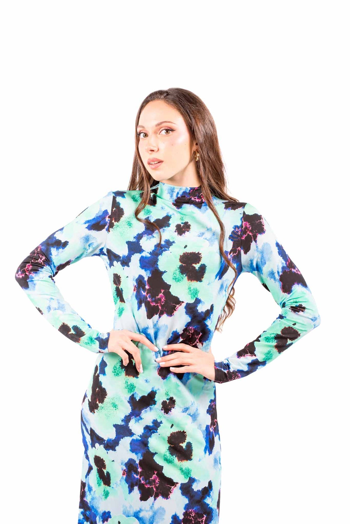 Abito Lungo Fantasia Astratta Collo Mock-Neck donna Tensione in - 2