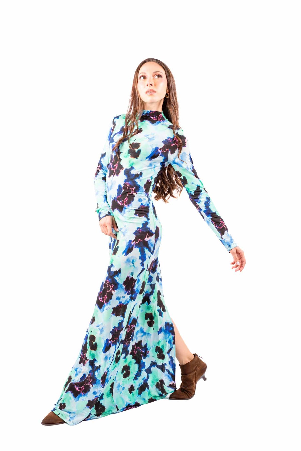 Abito Lungo Fantasia Astratta Collo Mock-Neck donna Tensione in - 5