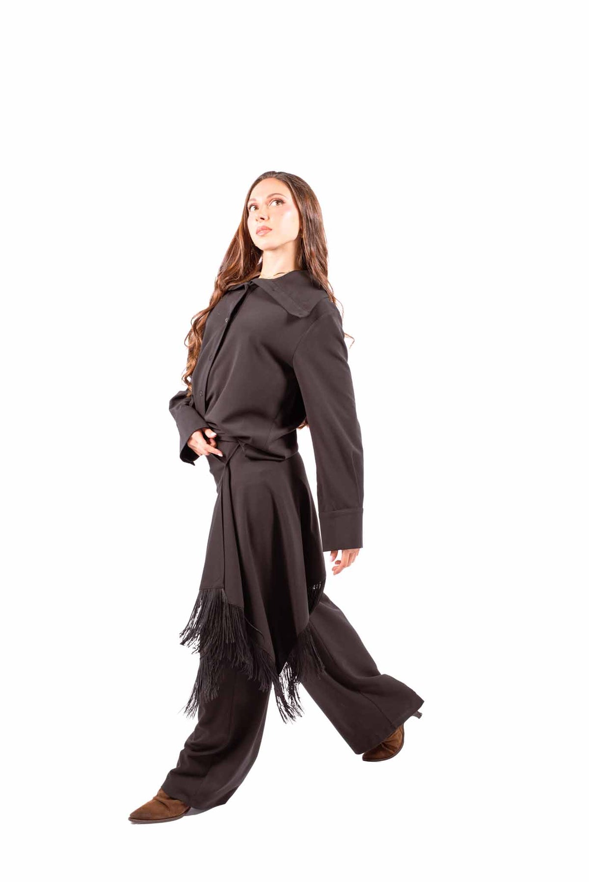 Camicia Nera Fluida Maxi Collo donna Tensione in - 5