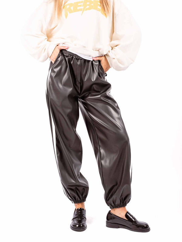 Pantaloni Jogger in Ecopelle Nera con Bande da donna Miss love
