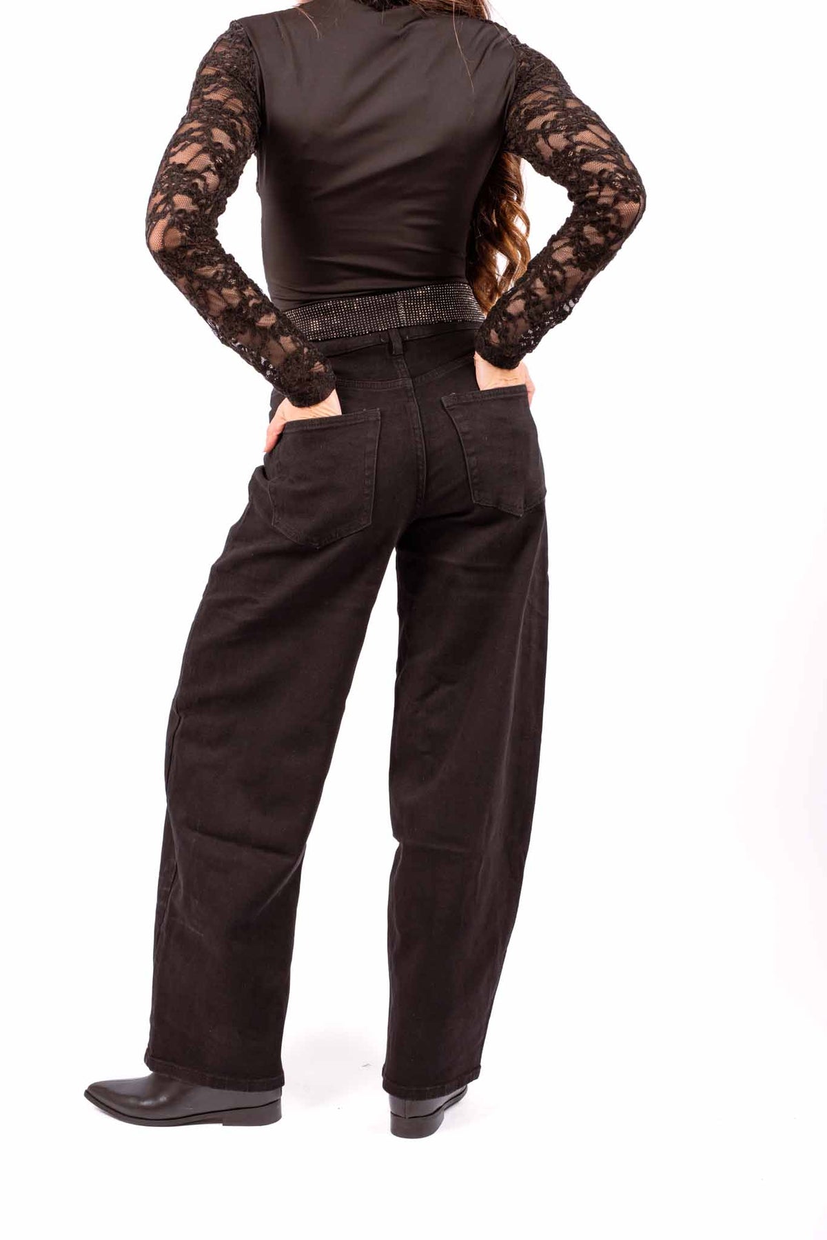 Jeans Barrel Fit Neri con Risvolto Strass donna Miss love - 3