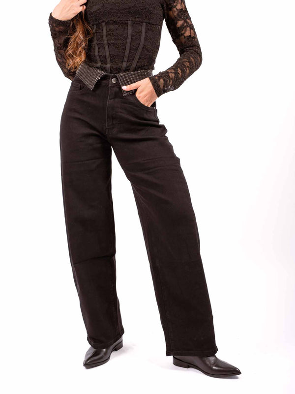 Jeans Barrel Fit Neri con Risvolto Strass da donna Miss love