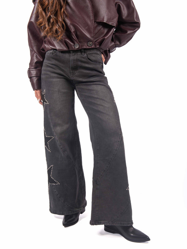 Jeans Barrel Fit Grigio con Stelle da donna Miss love
