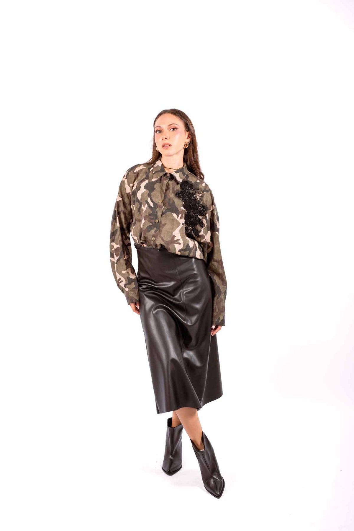 Camicia Camouflage con Inserto in Pizzo e Perline donna Miss love - 1