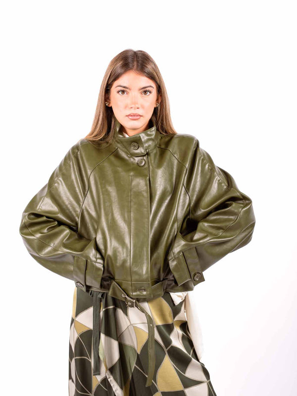 Bomber in Ecopelle Verde Oliva con Cintura in Vita da donna Miss love