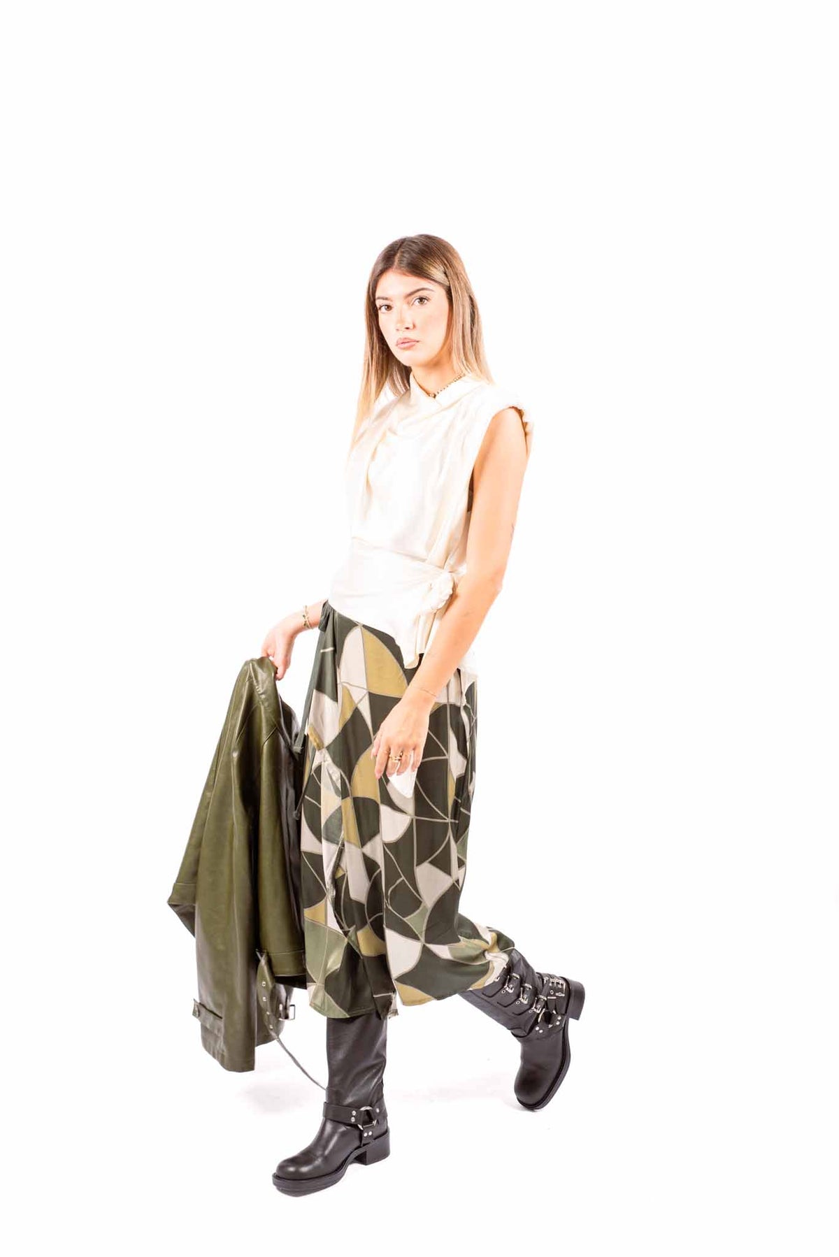 Gonna Midi a Portafoglio con Stampa Geometrica Verde donna Miss love - 4