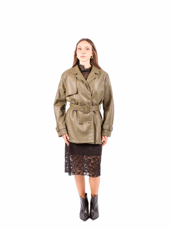 Trench in Ecopelle Intrecciata Verde Militare con Cintura da donna Miss love