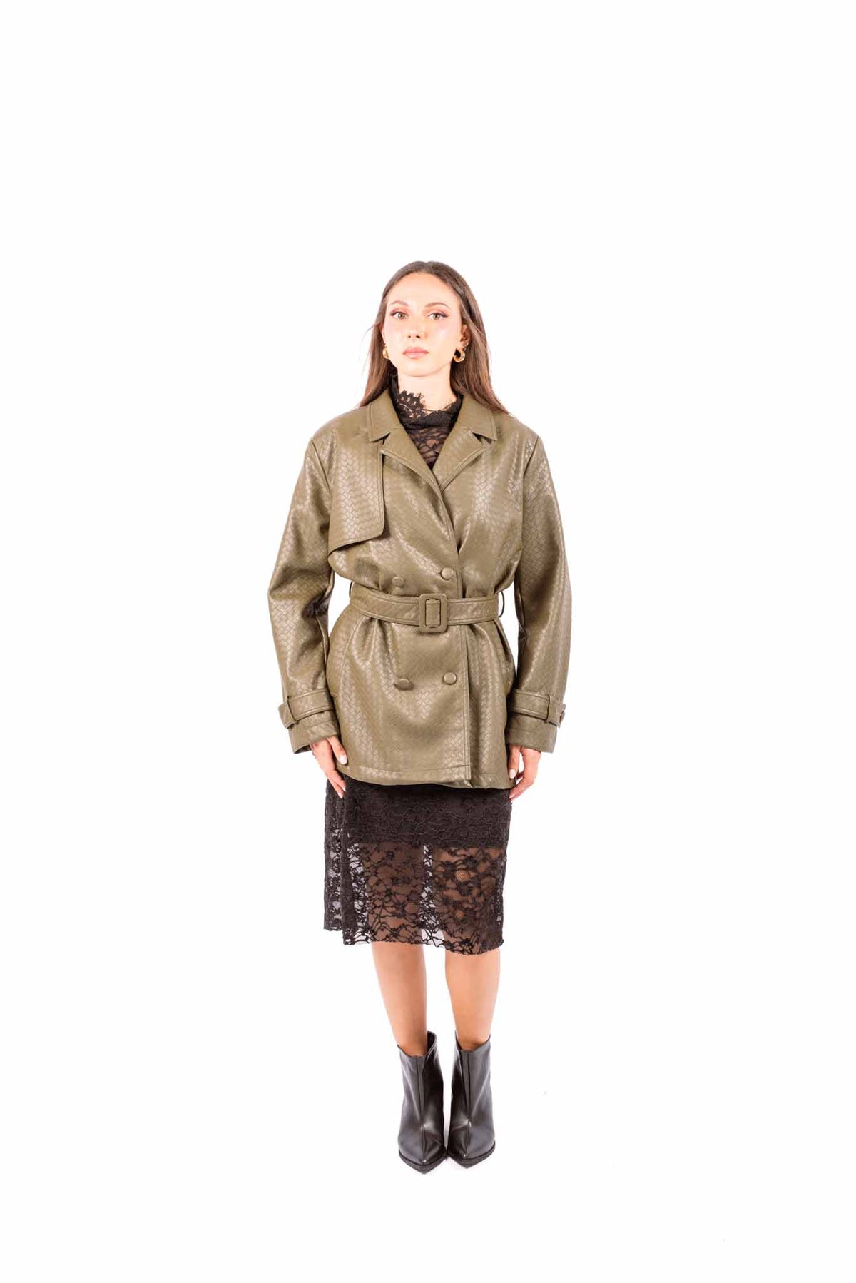 Trench in Ecopelle Intrecciata Verde Militare con Cintura donna Miss love - 1