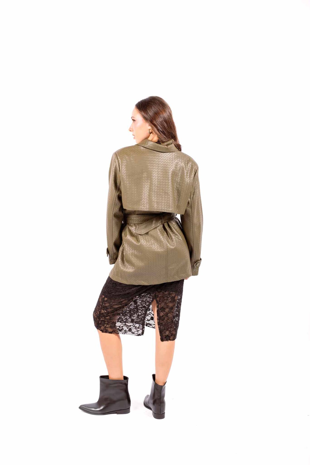 Trench in Ecopelle Intrecciata Verde Militare con Cintura donna Miss love - 3