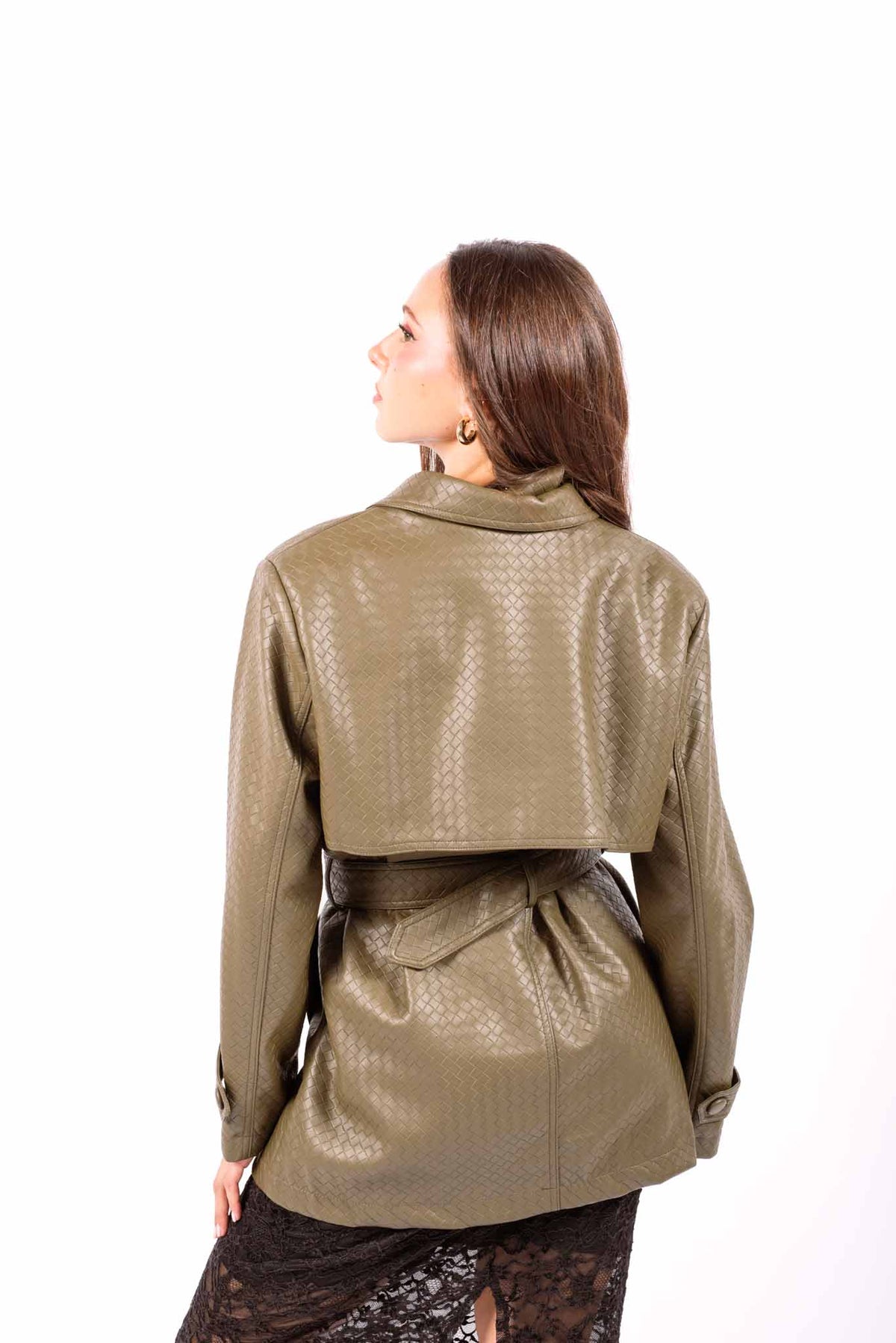 Trench in Ecopelle Intrecciata Verde Militare con Cintura donna Miss love - 6