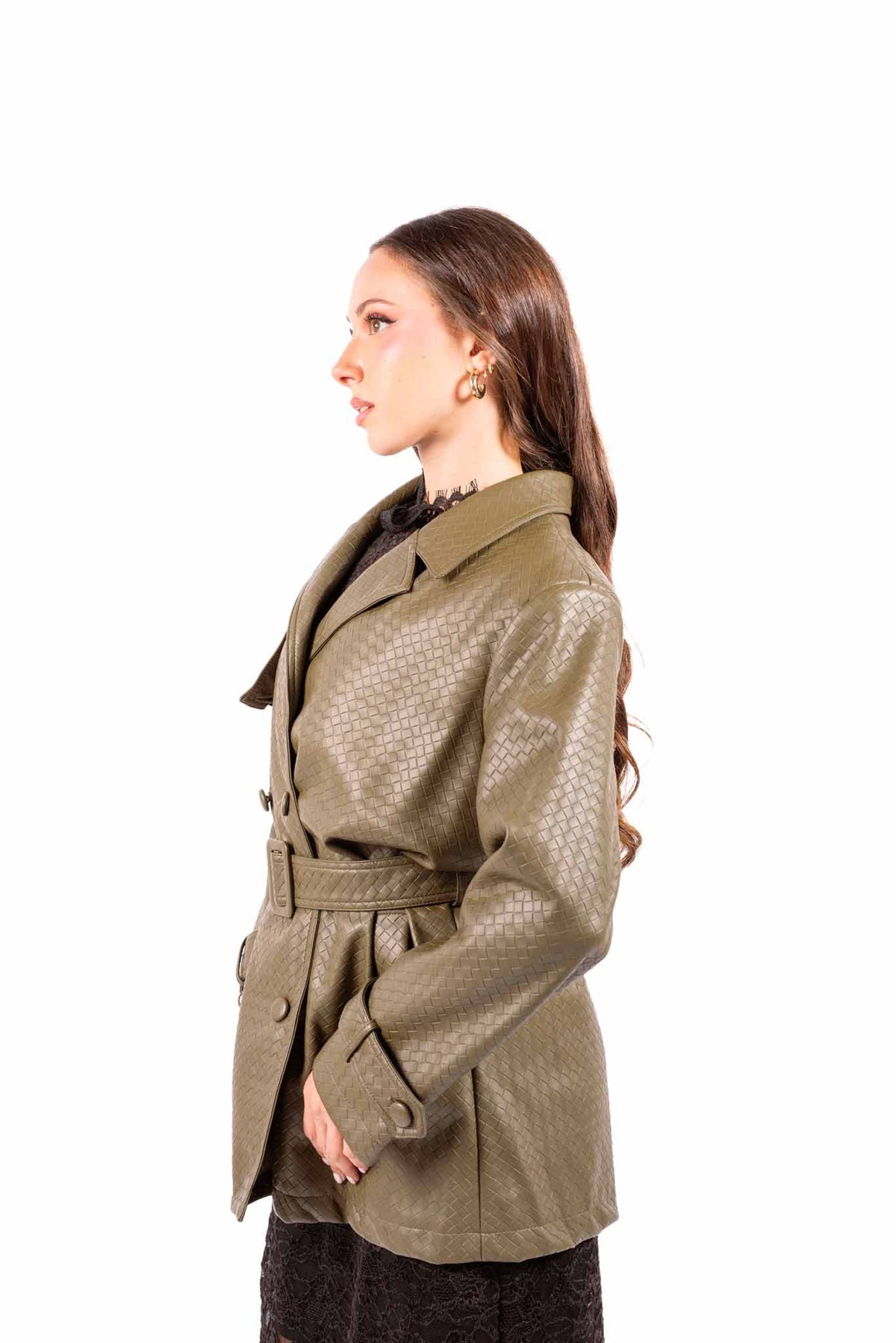 Trench in Ecopelle Intrecciata Verde Militare con Cintura donna Miss love - 4