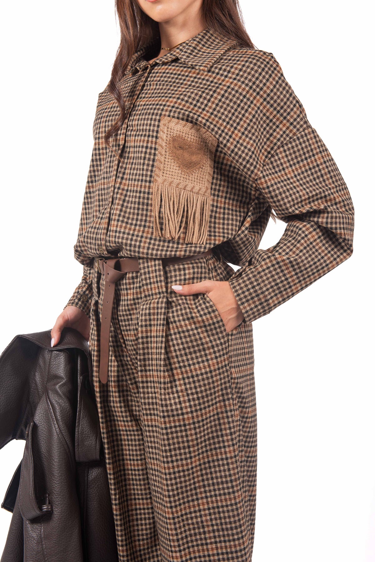 Camicia a Quadri Oversize con Taschino in Maglia e Frange donna Miss love - 1