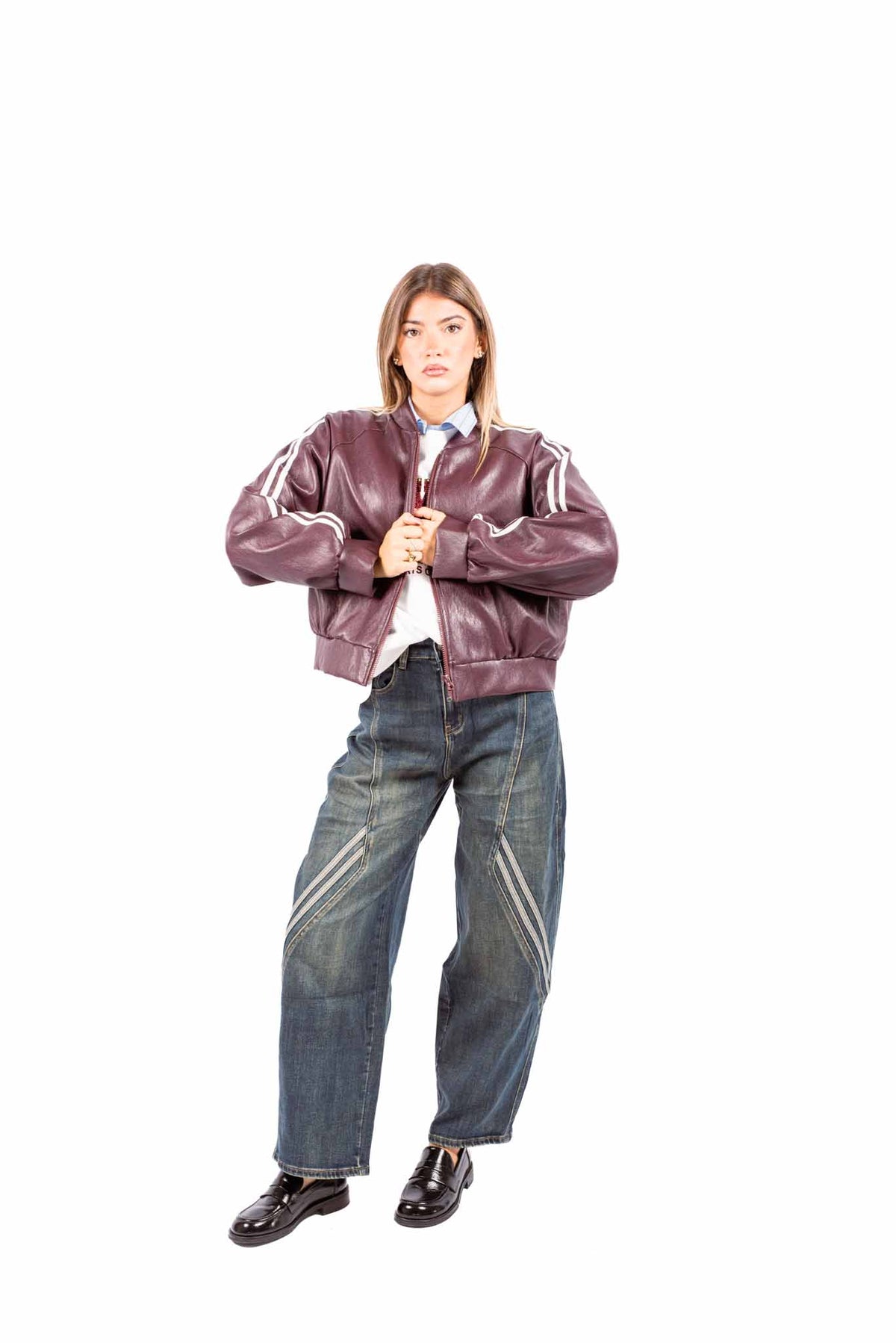 Bomber in Ecopelle Bordeaux con Bande Bianche donna Miss love - 3