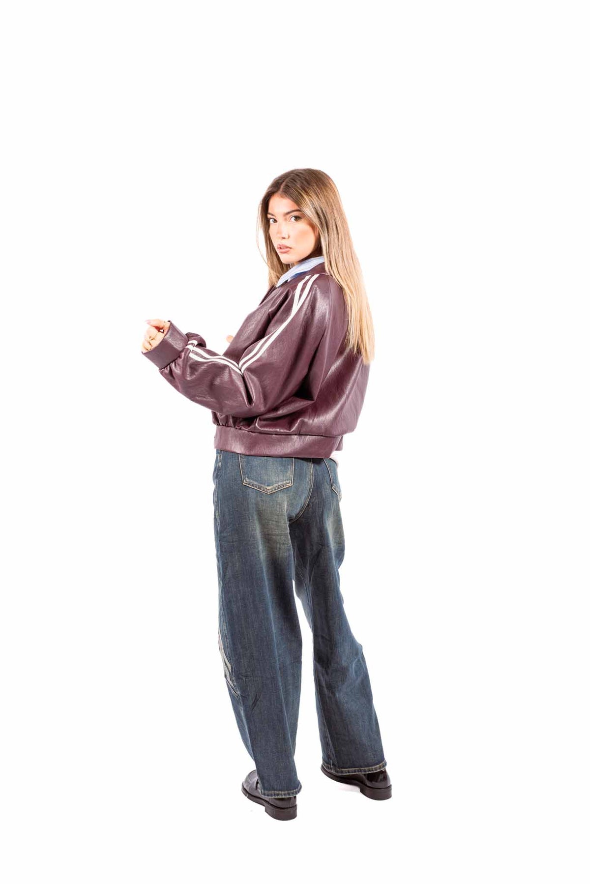 Bomber in Ecopelle Bordeaux con Bande Bianche donna Miss love - 5