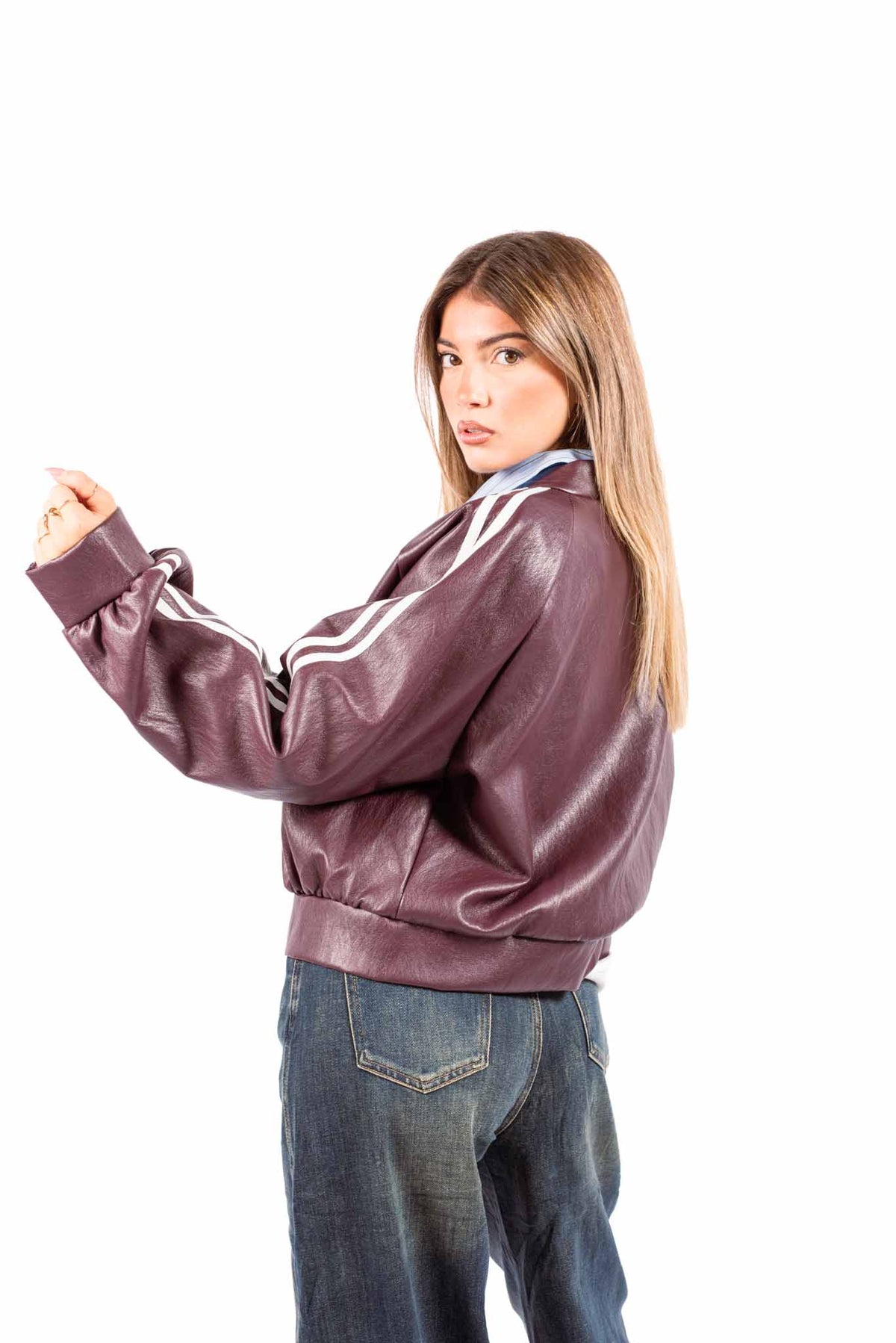 Bomber in Ecopelle Bordeaux con Bande Bianche donna Miss love - 2
